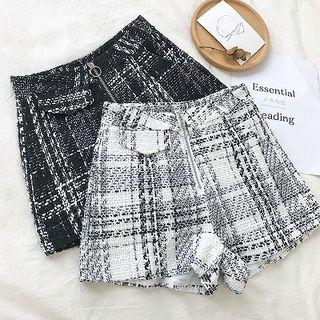 Color-block Plaid Tweed Zipper Shorts