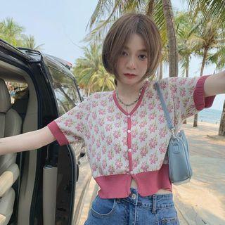Short-sleeve Floral Cropped Cardigan