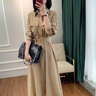 Pocket Detail Long-sleeve Midi Collared Dress