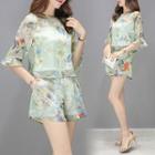 Set: Floral Print Elbow Sleeve Chiffon Top + Shorts