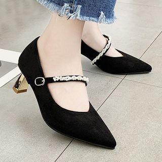 Pointy-toe Faux Pearl Chunky Heel Mary Jane Pumps