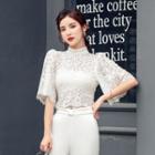 Set: Lace Elbow-sleeve Top + High-waist Straight-fit Pants