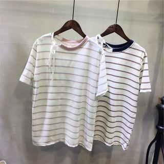 Short-sleeve Striped Tie-neck T-shirt