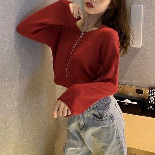 V-neck Zip Cropped Sweater