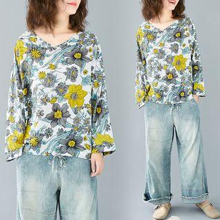 Print V-neck Long-sleeve T Shirt Yellow - L