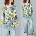 Print V-neck Long-sleeve T Shirt Yellow - L
