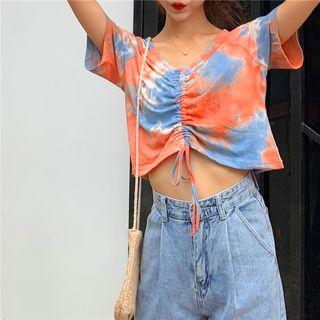 Short-sleeve Tie Dye Drawstring Cropped T-shirt