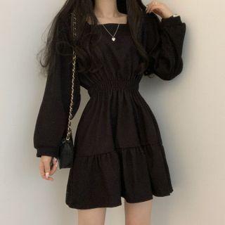 Lantern Sleeve Square Neck Ruffled A-line Dress