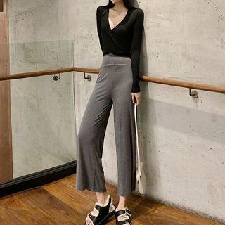 Set: V-neck Wrapped Cropped Top + High Waist Wide-leg Pants