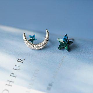 Non-matching 925 Sterling Silver Rhinestone Moon & Star Earring As Shown In Figure - One Size