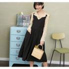 Set: Notch Lapel Blouse + Midi A-line Pinafore Dress Blouse - Almond - One Size / Pinafore Dress - Black - One Size