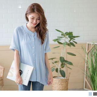 Beaded Button Striped Blouse