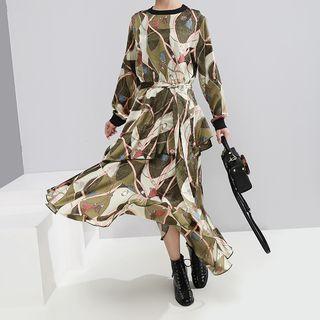 Printed Long-sleeve Midi Shift Dress As Shown In Figure - One Size