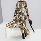 Printed Long-sleeve Midi Shift Dress As Shown In Figure - One Size