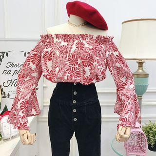 Boatneck Leaf-print Chiffon Top