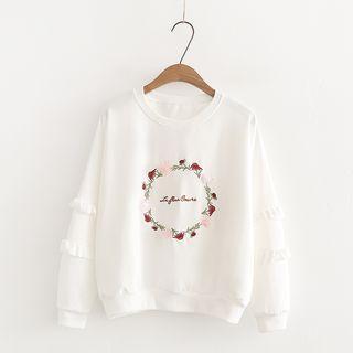 Wreath Embroidered Ruffle-sleeve Sweater