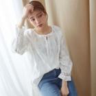 Long-sleeve Embroidered Linen Top 01 - White - One Size