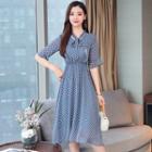 Tie-neck Dotted Elbow-sleeve A-line Dress