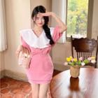 Short-sleeve Two-tone Blouse / Plain High-waist Mini Skirt