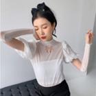 Puff-sleeve Cutout Top With Arm Sleeves / Bow-accent Mini Pencil Skirt