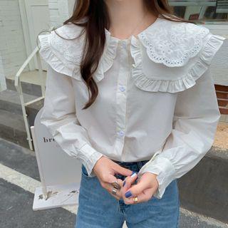Long Sleeve Peter Pan Collar Plain Shirt White - One Size