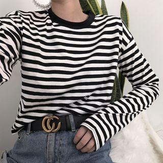 Striped Round-neck Long-sleeve Cropped T-shirt