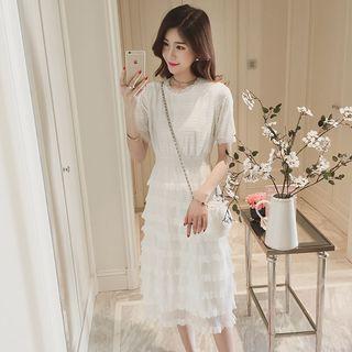 Short-sleeve Panel Tiered Midi Dress
