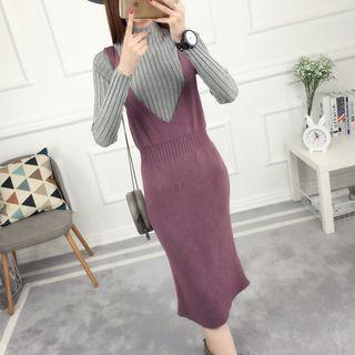 V-neck Knit Midi Pinafore Dress