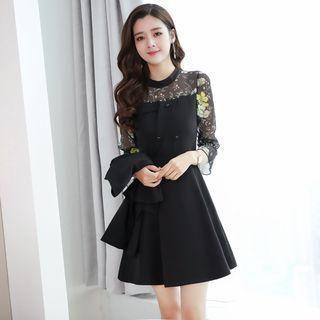 Set: Printed 3/4-sleeve Dress + Cropped Open-front Jacket