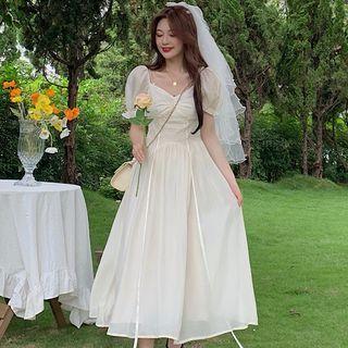 Puff-sleeve Square Neck Faux Pearl Plain Midi Dress