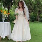Puff-sleeve Square Neck Faux Pearl Plain Midi Dress