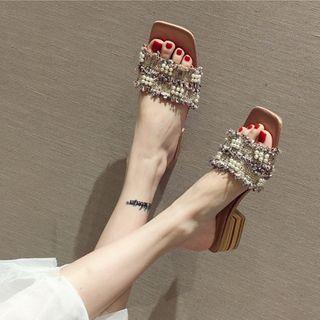 Chunky Heel Tweed Slide Sandals