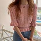Elbow-sleeve Frill Trim Knit Top