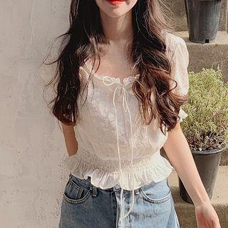 Ruffle Trim Short-sleeve Perforated Cropped Blouse