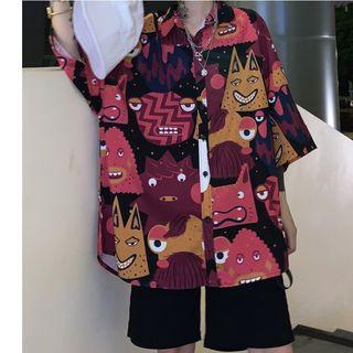 Couple Matching Print Short-sleeve Shirt Red - One Size