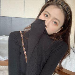Mock Neck Long-sleeve Frill Trim Plain Top