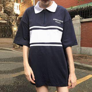 Lettering Short-sleeve Polo Shirt Dark Blue - One Size