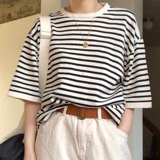 Striped Elbow-sleeve T-shirt T-shirt - Stripe - One Size