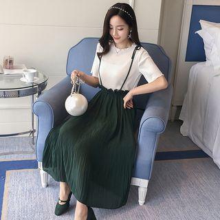 Set: Plain Short Sleeve Top + Pleated Chiffon Suspender Skirt