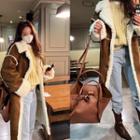 Single-breasted Faux-shearling Long Coat Brown - One Size