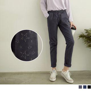 Star Embroidered Elastic Waist Pants