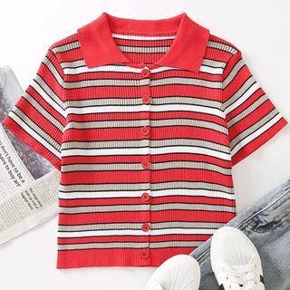 Short-sleeve Collared Striped Cropped Cardigan