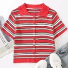Short-sleeve Collared Striped Cropped Cardigan