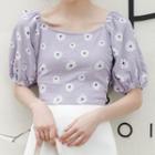 Puff-sleeve Floral Print Blouse Purple - One Size