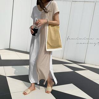 Two-tone Maxi T-shirt Dress Beige - One Size