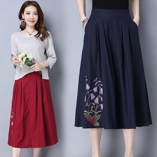 Embroidered Floral A-line Midi Skirt