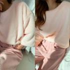 Drop-shoulder Faux-fur T-shirt Light Pink - One Size