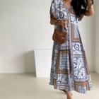 High-waist Patterned Long Dress With Sash Ivory - One Size