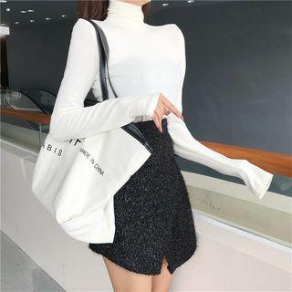 Long-sleeve Mock-neck T-shirt / Glitter Mini Pencil Skirt