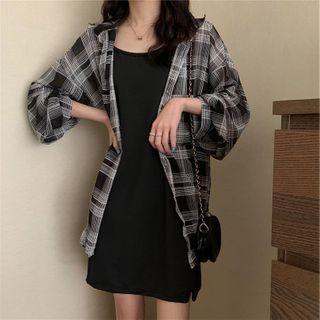 Plaid Shirt / Spaghetti Strap Mini A-line Dress